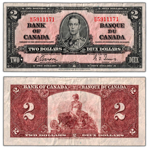 SOLD $2 1937 Bank of Canada Note Gordon-Towers K/B Prefix BC-22b - F/VF