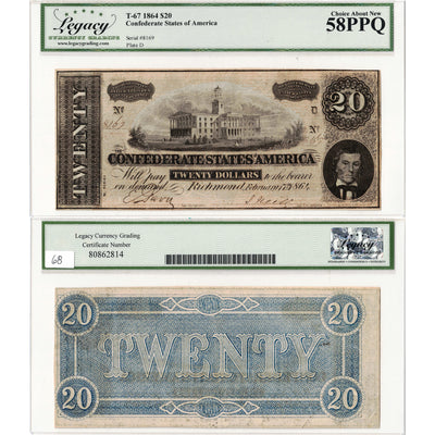 United States 1864 $20 Confederate States Note T-67 - Legacy AU-58 PPQ