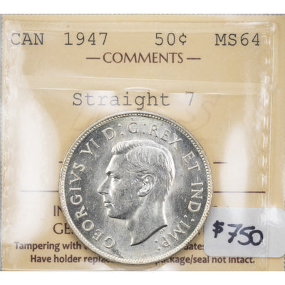 SOLD Canada 1947 Straight 7 50 Cents Silver Coin - ICCS MS-64