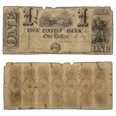 SOLD $1 1838 The Union Bank Montreal Canada Note #725-16-02