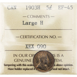Canada 1903-H Large H 5 Cents Silver Coin - ICCS EF-45