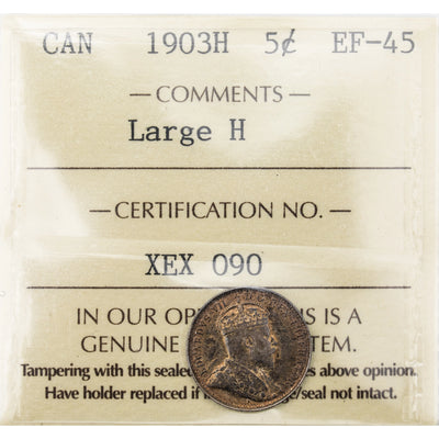 Canada 1903-H Large H 5 Cents Silver Coin - ICCS EF-45