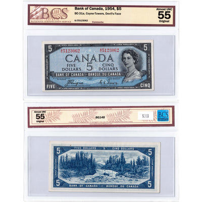 SOLD $5 1954 Bank of Canada Note Devil Face A/C Prefix BC-31a - BCS AU-55