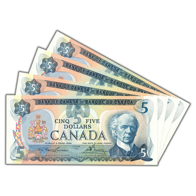 SOLD $5 1979 Bank of Canada Notes Lawson-Bouey BC-53a - 4 Consecutive - Ch UNC