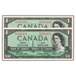 SOLD $1 1954 Bank of Canada Notes V/N Prefix BC-37b - 2 Consecutive - AU-58