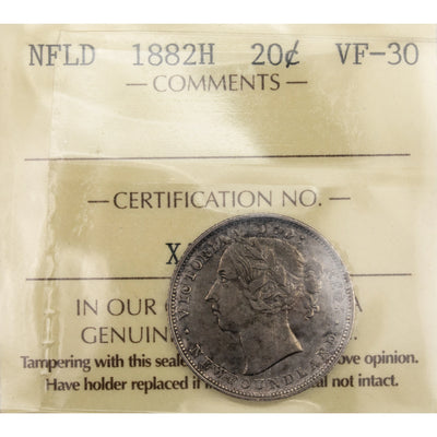 Newfoundland 1882-H 20 Cents Silver Coin - ICCS VF-30