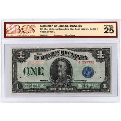 $1 1923 Dominion of Canada Note Blue Seal Series J DC-25c - BCS VF-25