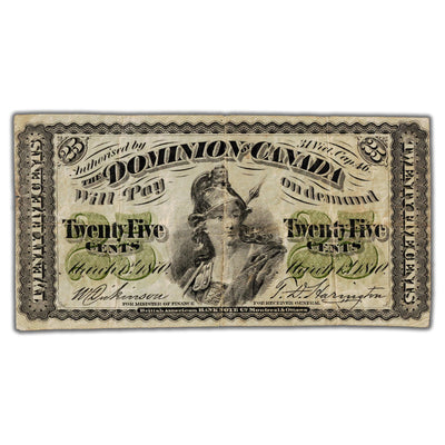 25 Cents 1870 Dominion of Canada Shinplaster Note Plain DC-1c - F/VF (pinholes)