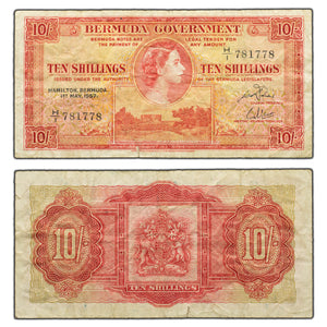 SOLD Bermuda 1957 10 Ten Shillings Note P #19b - Two Tears