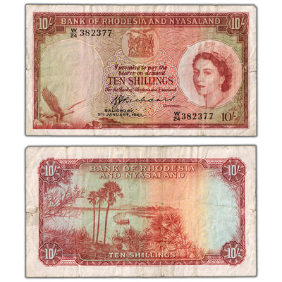 SOLD Rhodesia & Nyasaland 1961 10 Ten Shillings Note P #20b - Two Tears, Tape