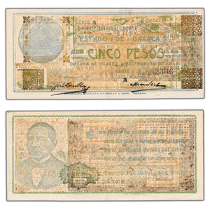 SOLD Mexico Estado De Oaxaca 1916 5 Five Pesos Note - AU