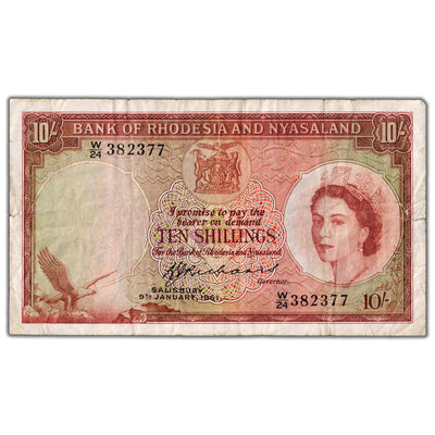 SOLD Rhodesia & Nyasaland 1961 10 Ten Shillings Note P #20b - Two Tears, Tape