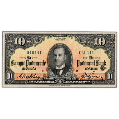 SOLD $10 1936 Banque Provinciale du Canada Chartered Note #615-28-06 - VF