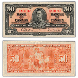 SOLD $50 1937 Bank of Canada Note Gordon-Towers B/H Prefix BC-26b - VF