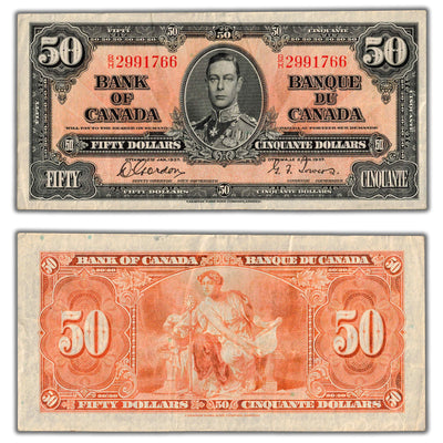 SOLD $50 1937 Bank of Canada Note Gordon-Towers B/H Prefix BC-26b - VF