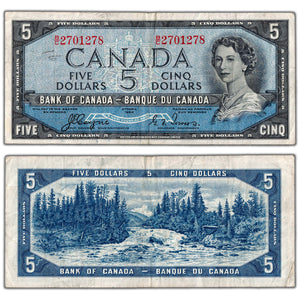 SOLD $5 1954 Bank of Canada Note Devil Face B/C Prefix BC-31a - VF (writing)