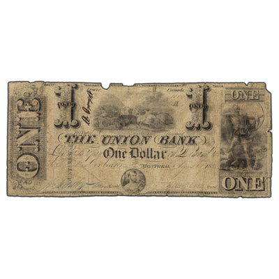 SOLD $1 1838 The Union Bank Montreal Canada Note #725-16-02
