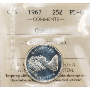 SOLD Canada 1967 25 Cents Quarter Silver Coin - ICCS Proof-Like PL-66 Cameo