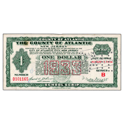 SOLD United States 1933 $1 County of Atlantic NJ School Scrip Note - Cancelled