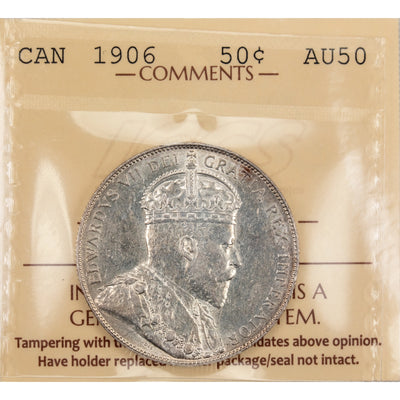 Canada 1906 50 Cents Half Dollar Silver Coin - ICCS AU-50