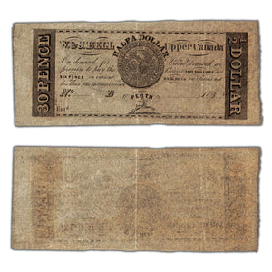 SOLD 30 Pence / Half Dollar 183X W & J Bell Upper Canada Scrip Note Remainder