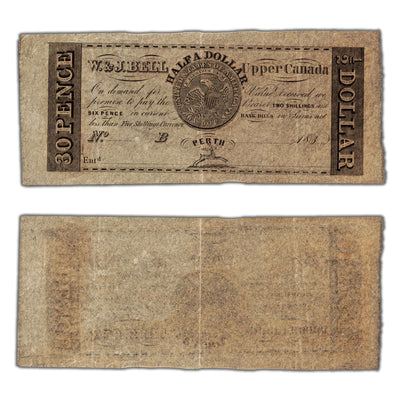 SOLD 30 Pence / Half Dollar 183X W & J Bell Upper Canada Scrip Note Remainder