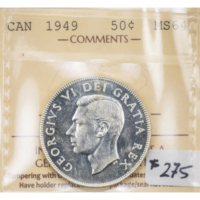 SOLD Canada 1949 50 Cents Half Dollar Silver Coin - ICCS MS-64