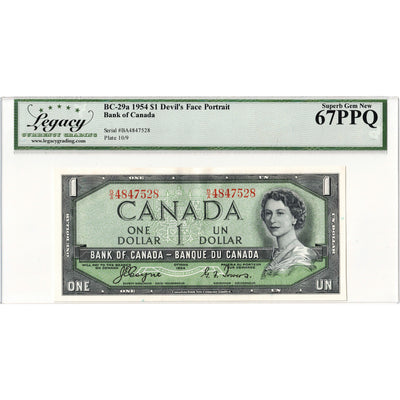 $1 1954 Bank of Canada Note Devil Face B/A Prefix BC-29a - Legacy UNC-67 PPQ