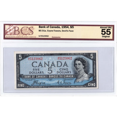 SOLD $5 1954 Bank of Canada Note Devil Face A/C Prefix BC-31a - BCS AU-55