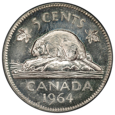 Canada 1964 Extra Waterline 5 Cents Nickel Coin - Uncirculated +