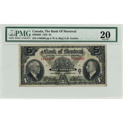 SOLD $5 1935 Bank of Montreal Canada Chartered Note #505-60-02 - PMG VF-20