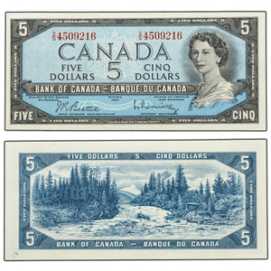SOLD $5 1954 Bank of Canada Note Beattie-Rasminsky V/S Prefix BC-39b - EF/AU