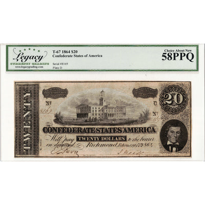 United States 1864 $20 Confederate States Note T-67 - Legacy AU-58 PPQ