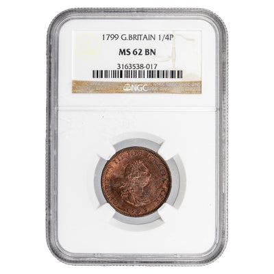 Great Britain 1799 1/4d Farthing Coin - NGC MS-62 BN