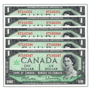 SOLD $1 1967 Bank of Canada Notes G/P Prefix BC-45b-i - 5 Consecutive