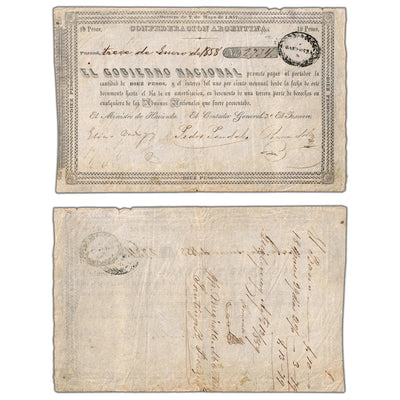 SOLD Argentina Confederacion 1857 (1858) 10 Pesos Note - VF/EF