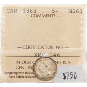 SOLD Canada 1888 5 Cents Silver Coin - ICCS MS-63