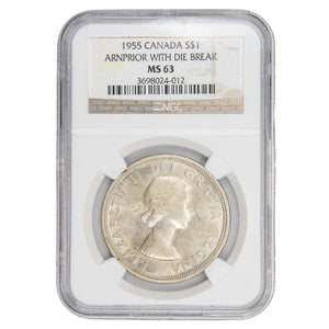 Canada 1955 Arnprior w/ Die Break $1 Silver Dollar Coin - NGC MS-63
