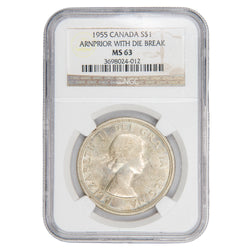 Canada 1955 Arnprior w/ Die Break $1 Silver Dollar Coin - NGC MS-63