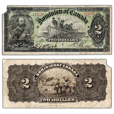 SOLD $2 1897 Dominion of Canada Note Boville DC-14c - Fine (missing corner/tear)