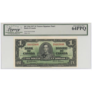 SOLD $1 1937 Bank of Canada Note H/A Narrow Panel BC-21b - Legacy UNC-64 PPQ