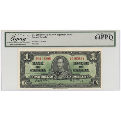 SOLD $1 1937 Bank of Canada Note H/A Narrow Panel BC-21b - Legacy UNC-64 PPQ
