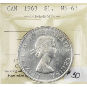 SOLD Canada 1963 $1 Silver Dollar Coin - ICCS MS-63