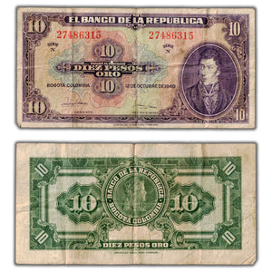 SOLD Colombia 1949 10 Ten Pesos Oro Note P #389d