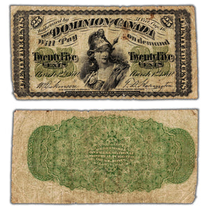25 Cents 1870 Dominion of Canada Shinplaster Note Large 'B' DC-1b - VG/F