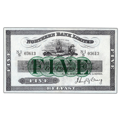 SOLD Ireland Northern Bank Limited 1943 5 Five Pounds Note P #180b - AU+