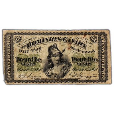 25 Cents 1870 Dominion of Canada Shinplaster Note Large 'B' DC-1b - VG/F