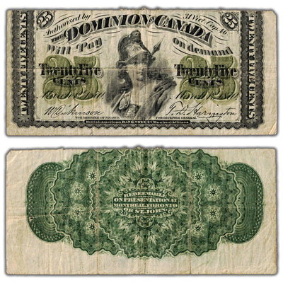 25 Cents 1870 Dominion of Canada Shinplaster Note Plain DC-1c - Trimmed