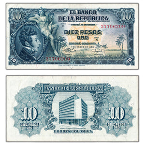 SOLD Colombia 1958 10 Ten Pesos Note P #400b - Abt. EF