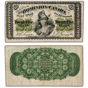 25 Cents 1870 Dominion of Canada Shinplaster Note Plain DC-1c - VF